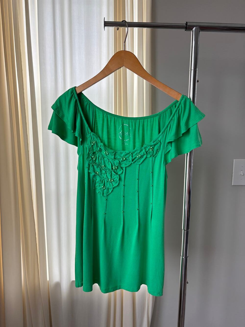 Vintage Y2K INC Flutter Sleeve Top Petite Medium Bright Green Soft Girl Fairy